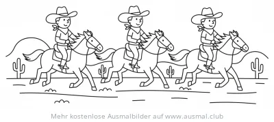Cowboy Gruppe auf Pferden Ausmalbild