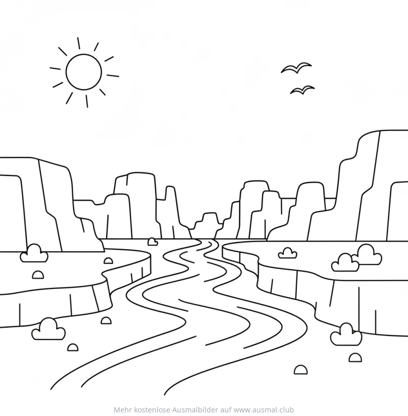 Wildwest Canyon Ausmalbild mit Fluss und Felsformationen