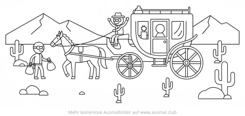 Postkutschenraub Ausmalbild mit Banditen und Wüstenlandschaft