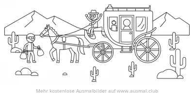 Postkutschenraub Ausmalbild mit Banditen und Wüstenlandschaft