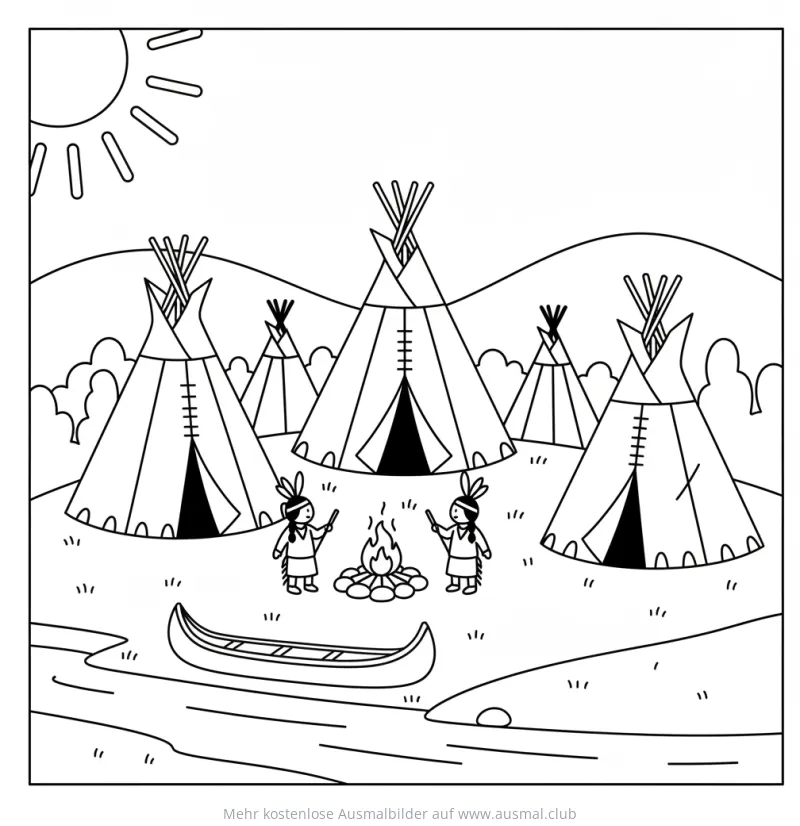 Indianerdorf mit Tipis, Kanu und Indianerkindern am Lagerfeuer Ausmalbild
