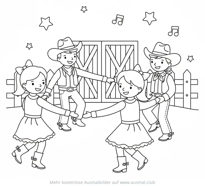 Cowboys und Cowgirls tanzen Square Dance Ausmalbild