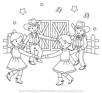 Cowboys und Cowgirls tanzen Square Dance Ausmalbild
