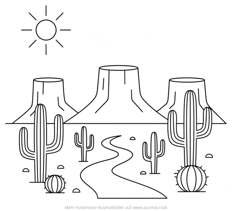 Wüstenlandschaft mit Kakteen und Felsen Ausmalbild