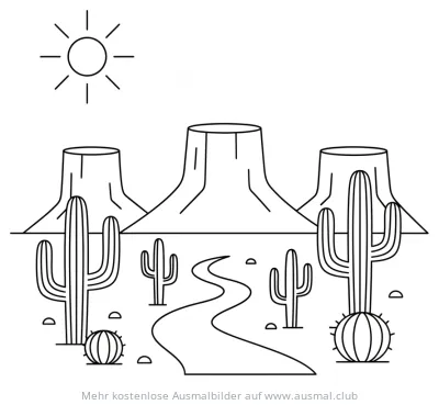 Wüstenlandschaft mit Kakteen und Felsen Ausmalbild