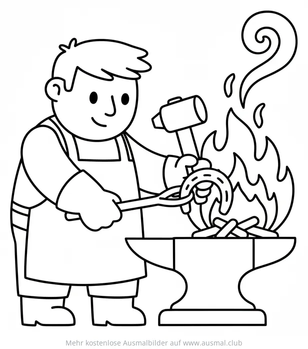 Schmied bearbeitet Hufeisen am Amboss Ausmalbild