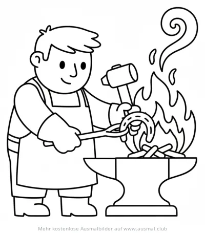 Schmied bearbeitet Hufeisen am Amboss Ausmalbild