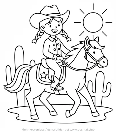 Cowgirl reitet auf Pferd Ausmalbild mit Kakteen und Sonne