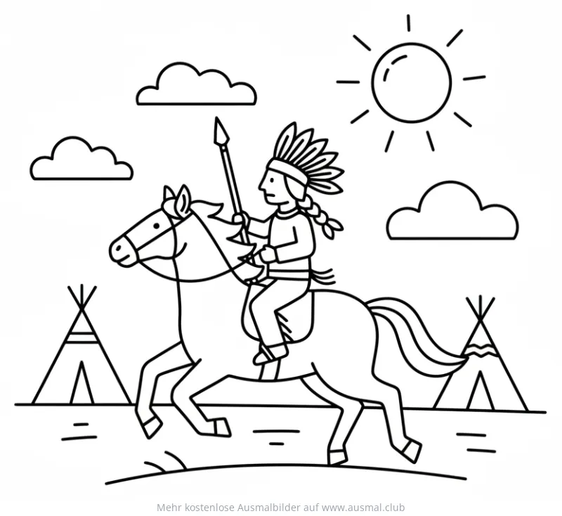 Indianer mit Federhaube reitet auf Pferd Ausmalbild