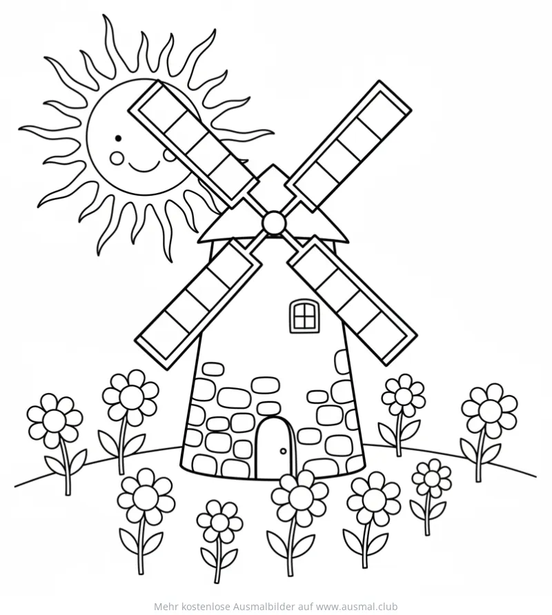 Windmühle Ausmalbild mit Sonne und Blumen