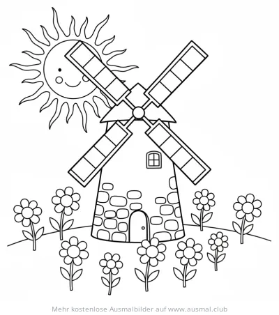 Windmühle Ausmalbild mit Sonne und Blumen