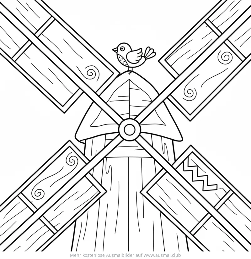 Windmühle mit Vogel Ausmalbild