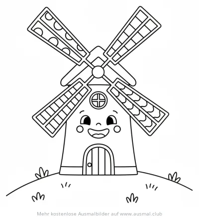 Freundliche Windmühle Cartoon Ausmalbild