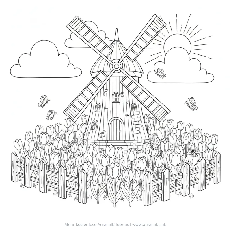 Windmühle Ausmalbild mit Tulpenfeld, Schmetterlingen und Marienkäfern