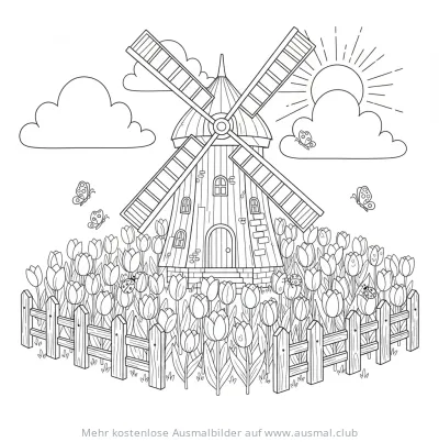 Windmühle Ausmalbild mit Tulpenfeld, Schmetterlingen und Marienkäfern