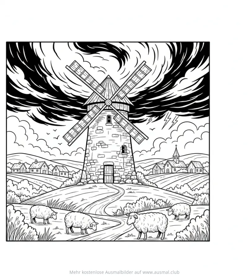 Windmühle in Landschaft mit Schafen Ausmalbild