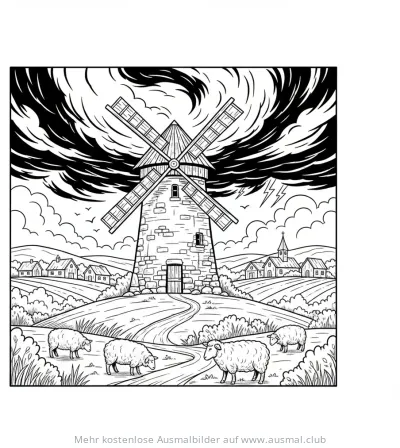 Windmühle in Landschaft mit Schafen Ausmalbild