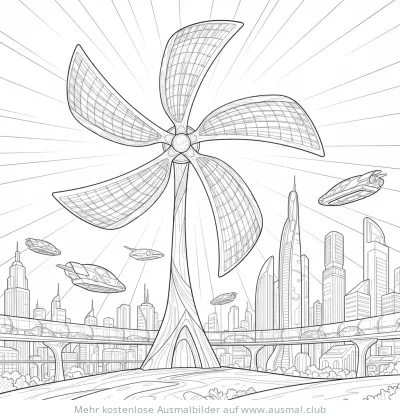 Futuristische Windmühle vor Stadt mit fliegenden Autos Ausmalbild