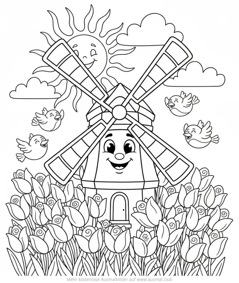 Windmühle mit Tulpen und Vögel Ausmalbild