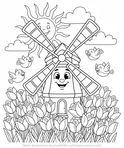 Windmühle mit Tulpen und Vögel Ausmalbild