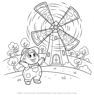 Windmühle und Junge Ausmalbild