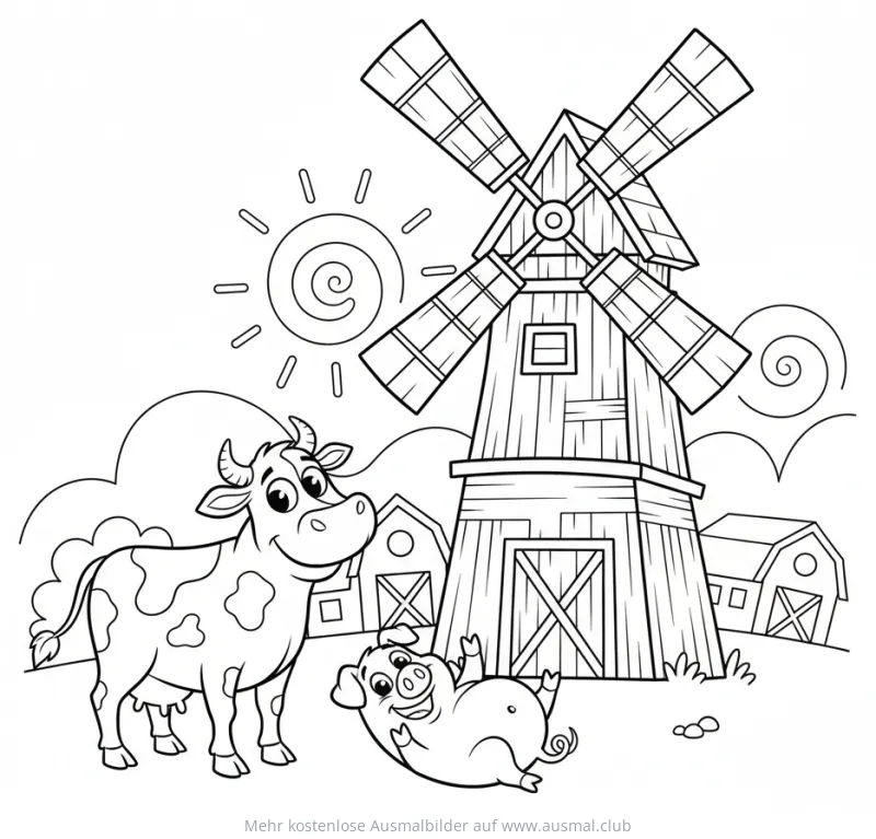 Windmühle, Kuh und Schwein auf einem Bauernhof Ausmalbild