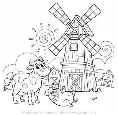 Windmühle, Kuh und Schwein auf einem Bauernhof Ausmalbild