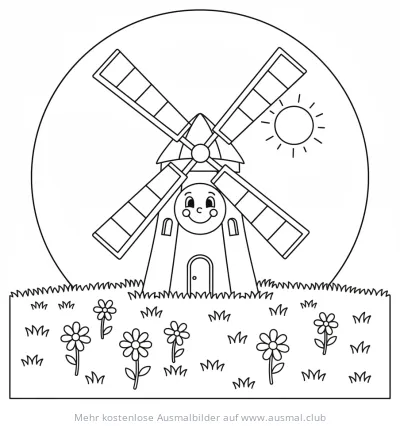 Freundliche Windmühle mit Gesicht Ausmalbild