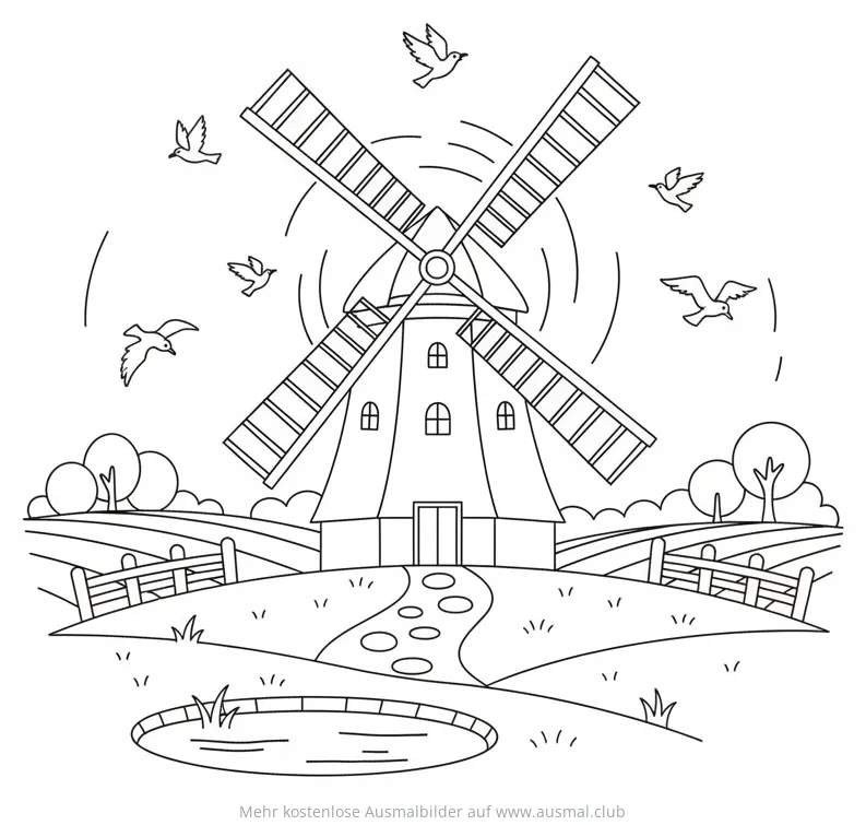 Windmühle Ausmalbild mit Landschaft und Vögeln