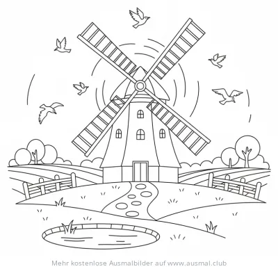 Windmühle Ausmalbild mit Landschaft und Vögeln