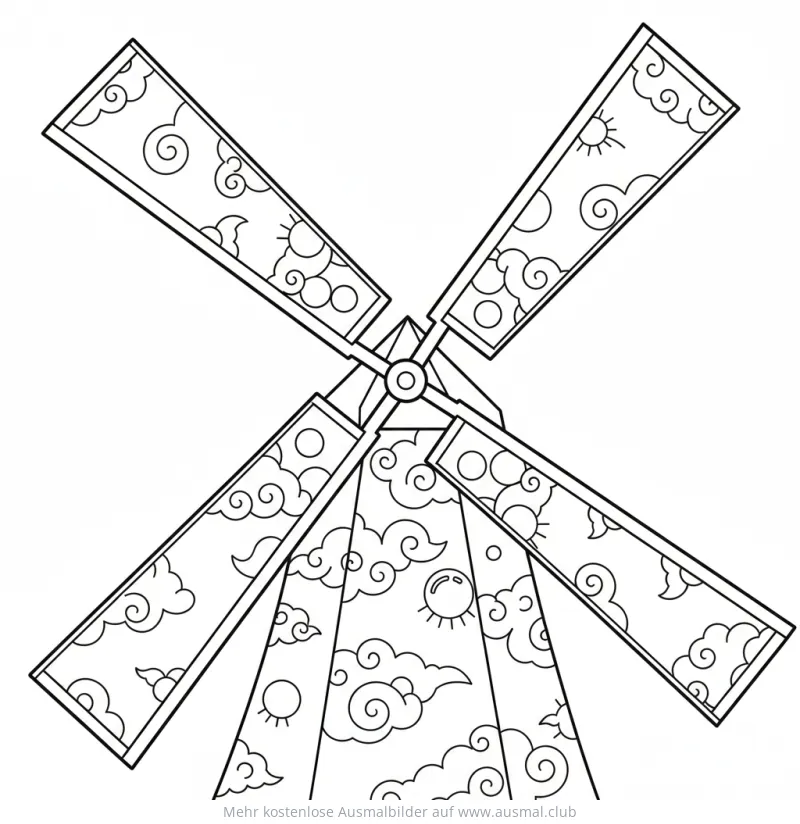 Windmühle Ausmalbild mit Wolken und Sonne