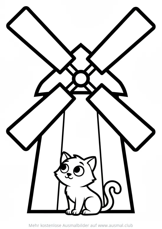 Windmühle Ausmalbild mit Katze im Vordergrund