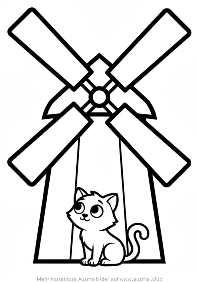 Windmühle Ausmalbild mit Katze im Vordergrund