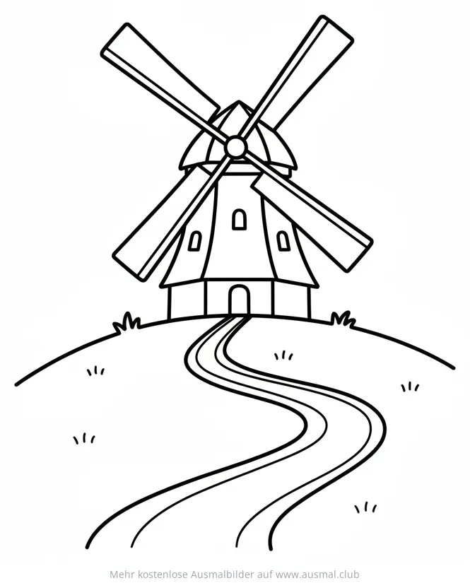 Windmühle auf Hügel Ausmalbild