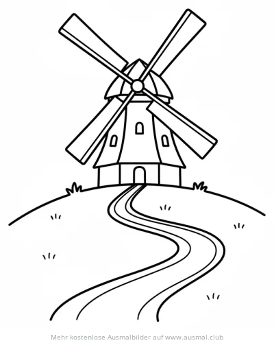 Windmühle auf Hügel Ausmalbild