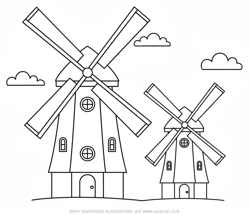 Zwei Windmühlen mit Wolken Ausmalbild