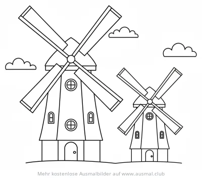 Zwei Windmühlen mit Wolken Ausmalbild