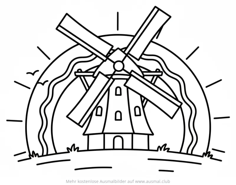 Windmühle Ausmalbild mit Sonnenuntergang und Vögeln