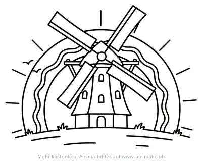 Windmühle Ausmalbild mit Sonnenuntergang und Vögeln
