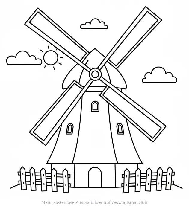 Windmühle Ausmalbild mit Zaun und Wolken
