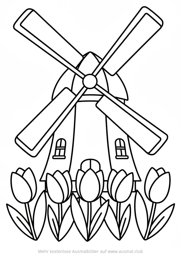 Windmühle mit Tulpen Ausmalbild