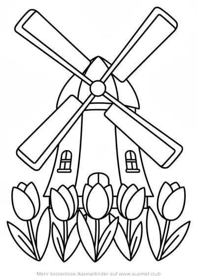 Windmühle mit Tulpen Ausmalbild
