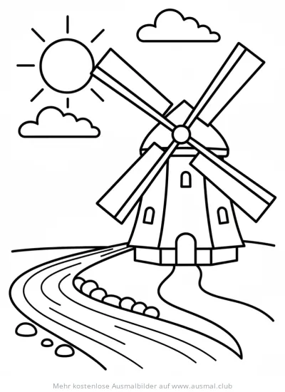 Windmühle Ausmalbild mit Fluss und Sonne