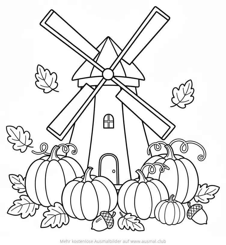 Windmühle mit Kürbissen und Herbstlaub Ausmalbild