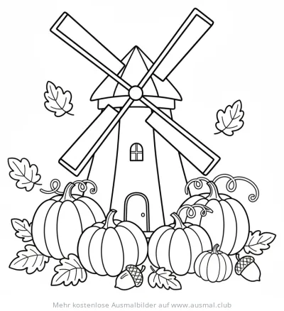 Windmühle mit Kürbissen und Herbstlaub Ausmalbild