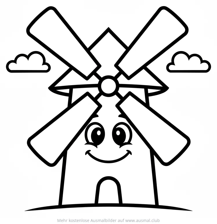 Cartoon Windmühle Ausmalbild mit freundlichem Gesicht
