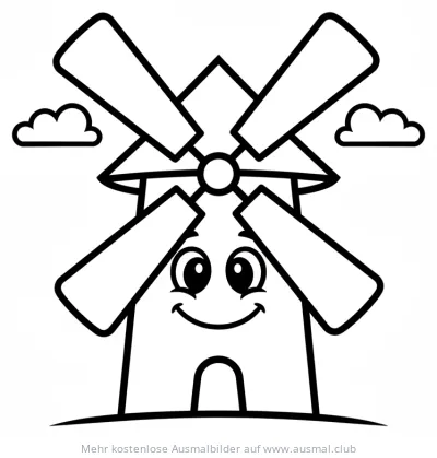 Cartoon Windmühle Ausmalbild mit freundlichem Gesicht