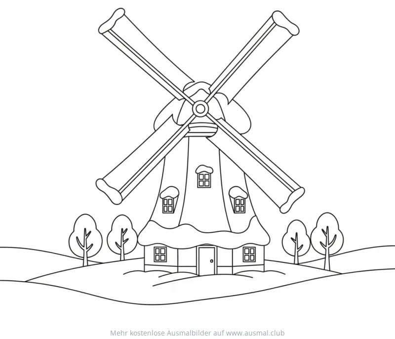 Winterliche Windmühle Ausmalbild mit schneebedecktem Dach