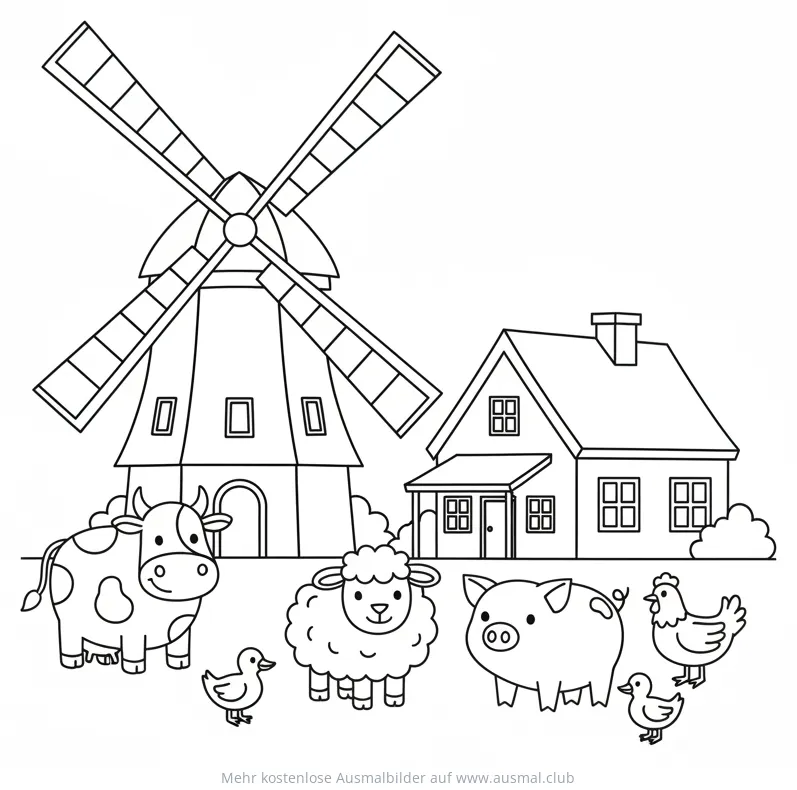 Windmühle und Bauernhaus mit Tieren Ausmalbild