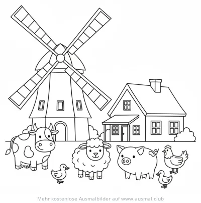 Windmühle und Bauernhaus mit Tieren Ausmalbild